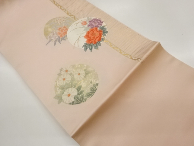 丸文に牡丹・菊・花葉模様織出し名古屋帯